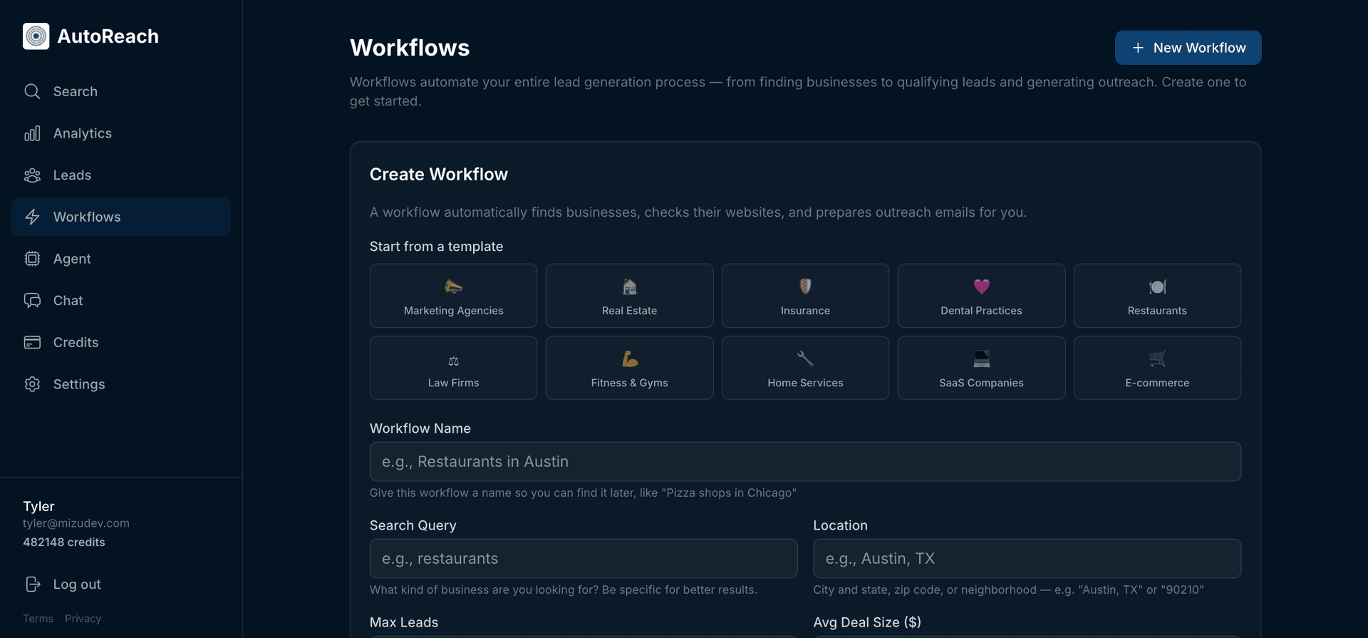AutoReach workflow creation form showing 10 industry template buttons for Marketing Agencies, Real Estate, Insurance, and more